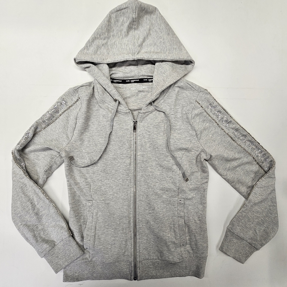 Karl Lagerfeld Gray Hoodie Full Zip Spellout Tape With Sparkles Womens Small